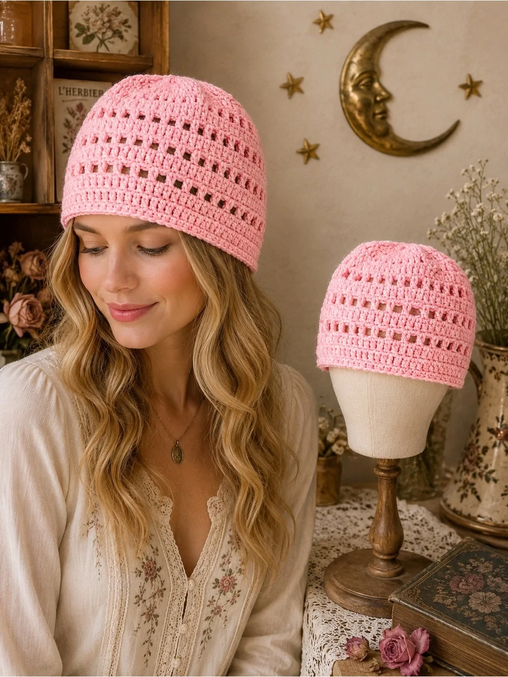 3 Handmade Crochet Pink Beanies Bundle Adult Small Teen Boho Cottagecore Hats
